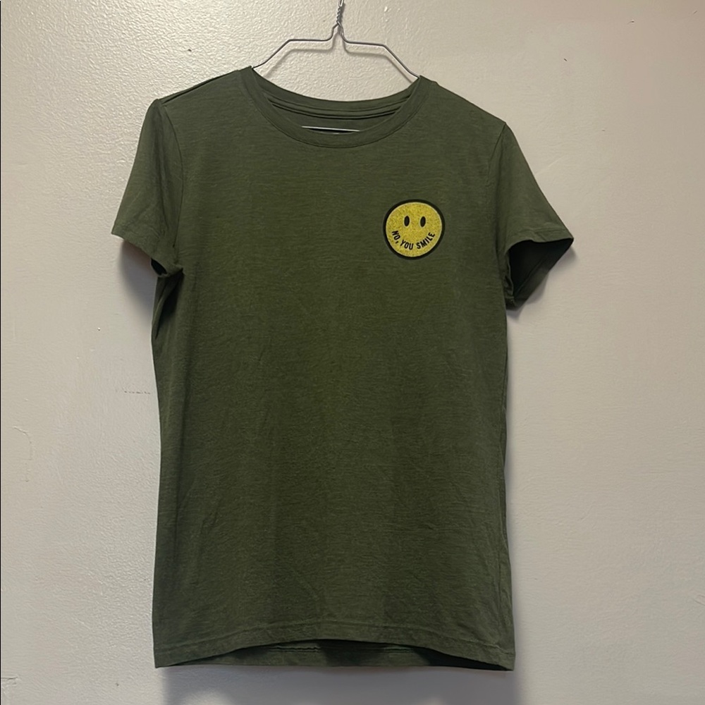 Olive Green T-Shirt with Smiley Face Graphic - Picture 2 of 6